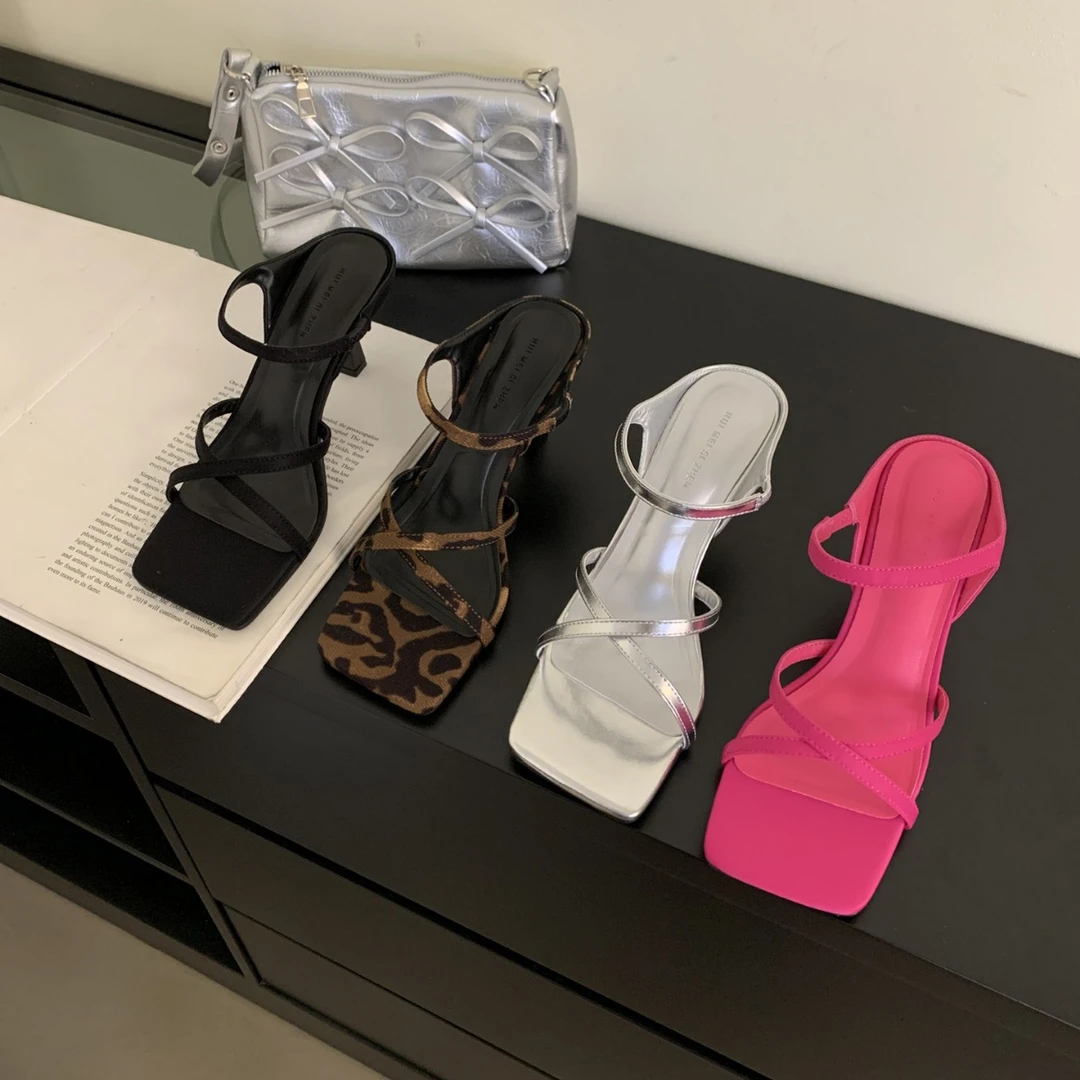 百搭69-6~2025年夏季新款交叉带露趾法式方头气质高跟凉拖鞋女外