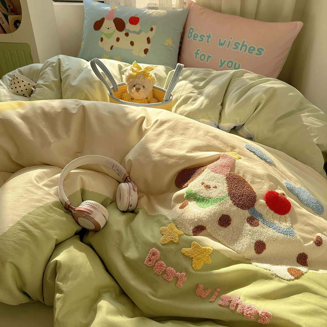 毛巾绣全棉水洗棉四件套纯棉2025新款多巴胺被套罩床单床上三件套