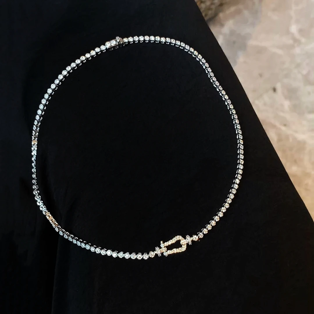 坠链均925银 S925银马蹄扣满钻项链颈链气质轻奢时尚百搭精致