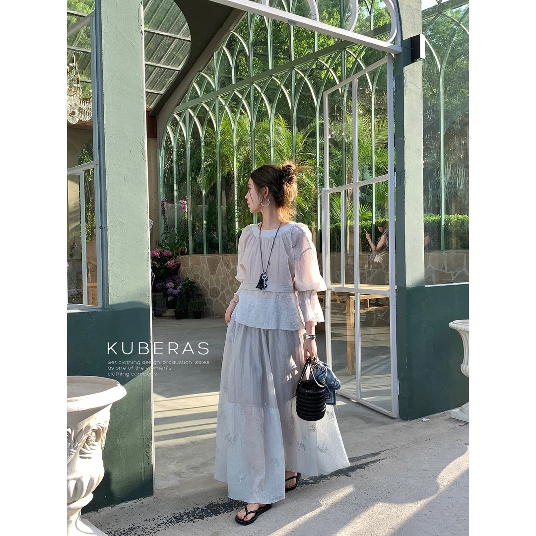 KUBERAS 重工刺绣拼接小众喇叭袖圆领短上衣A字大摆长裙套装