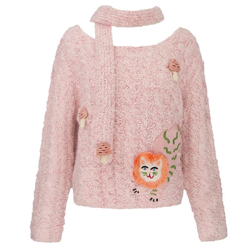 JUNGLE ME法式飘带秋冬圆领女冬季毛衣时尚上衣甜美套头两件套