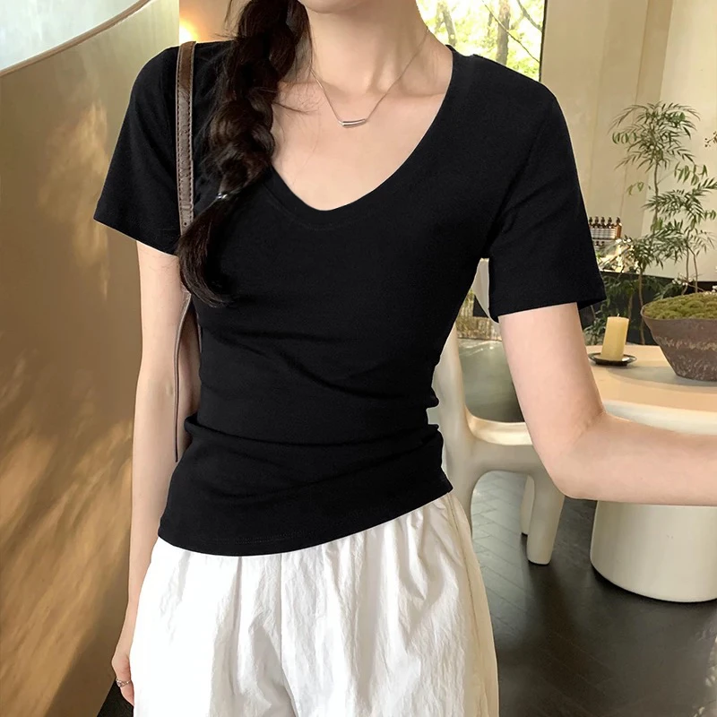 2025新款v领92棉短袖设计感t恤夏季百搭辣妹修身黑色显瘦打底上衣