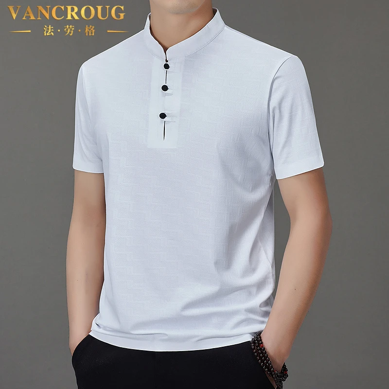 VANCROUG/法劳格短袖T恤男士夏季薄款透气纯色盘扣休闲中国风上衣