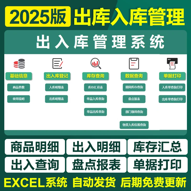 2025进销存管理EXCEL表格软件仓库出入库系统单机版盘点库存预警
