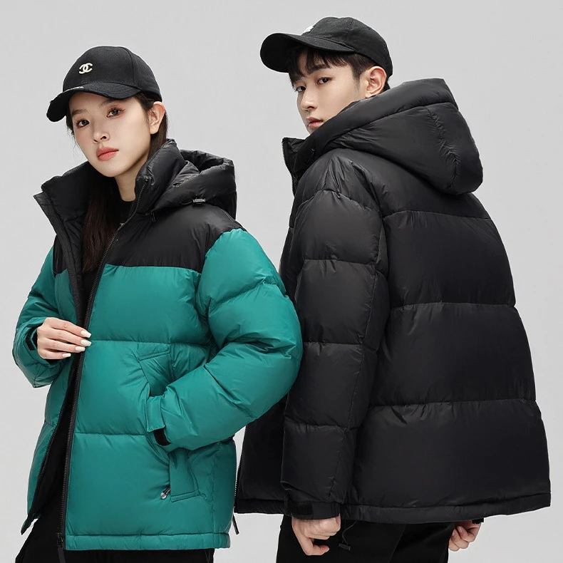 男女同款运动羽绒服男士休闲外套冬季拼色连帽白鸭绒保暖情侣上衣