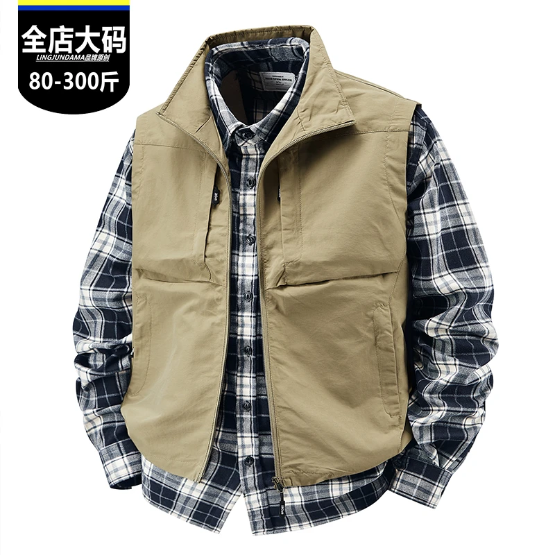 美式工装马甲男春秋加肥加大码休闲立领夏马夹户外钓鱼多口袋外套