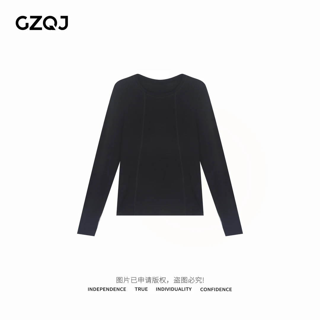 广州琴姐【月光绒语】圆领套头显瘦简约内搭长袖T恤上衣女春款3533