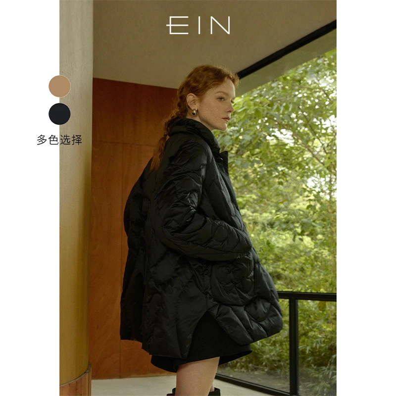 EIN/言轻简风海浪绗线轻暖鸭绒俏皮云朵领中长羽绒服秋冬新款