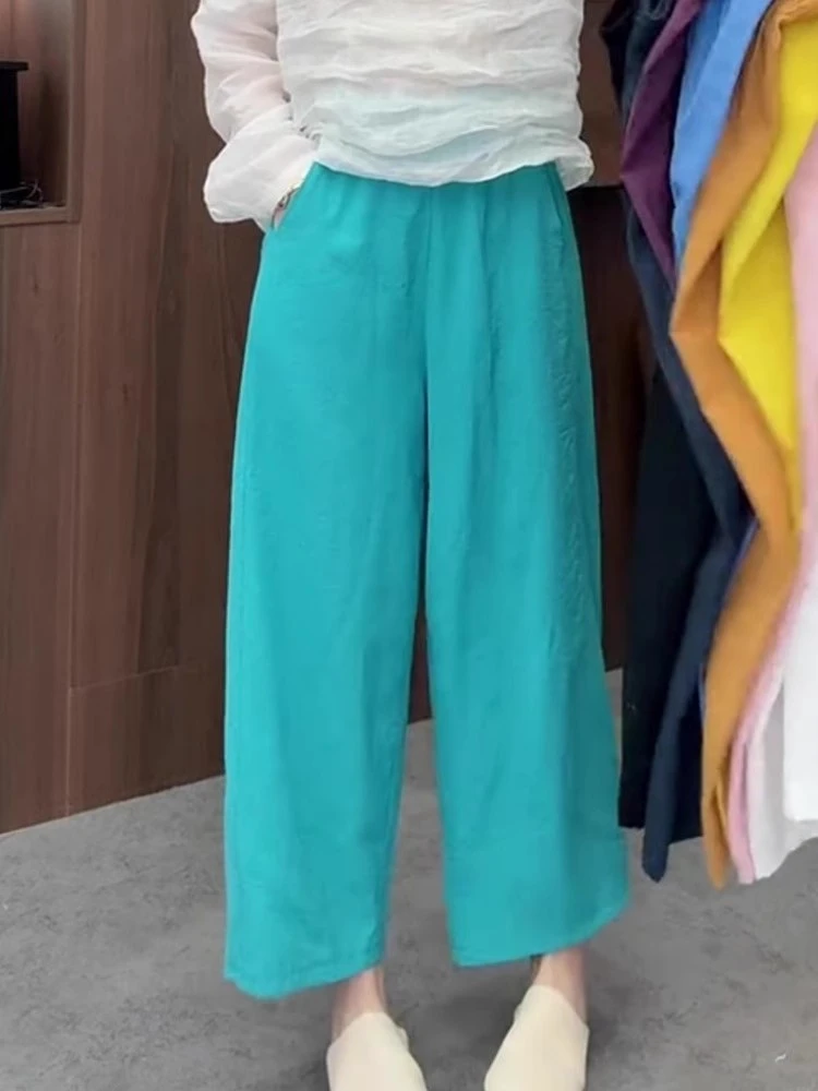 2025年夏季高腰天丝亚麻直筒休闲裤女慵懒松弛感宽松哈伦裤九分裤