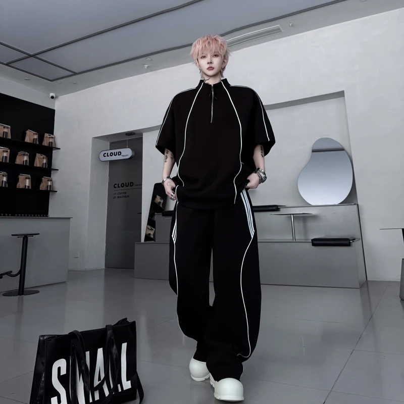 夏季暗黑系炸街半拉链立领短袖T恤套装男一套搭配阔腿长裤两件套