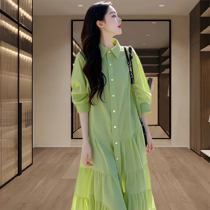 时尚度假风绿色荷叶边衬衫连衣裙女2025春夏新款通勤旅游裙子女士