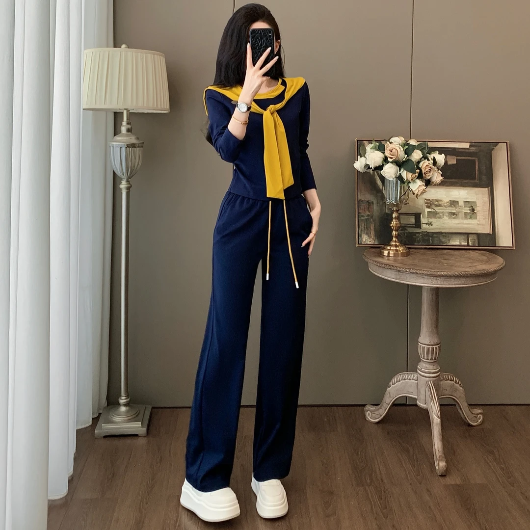 新款早秋学院风休闲时尚套装女上衣阔腿裤减龄显瘦洋气穿搭两件套