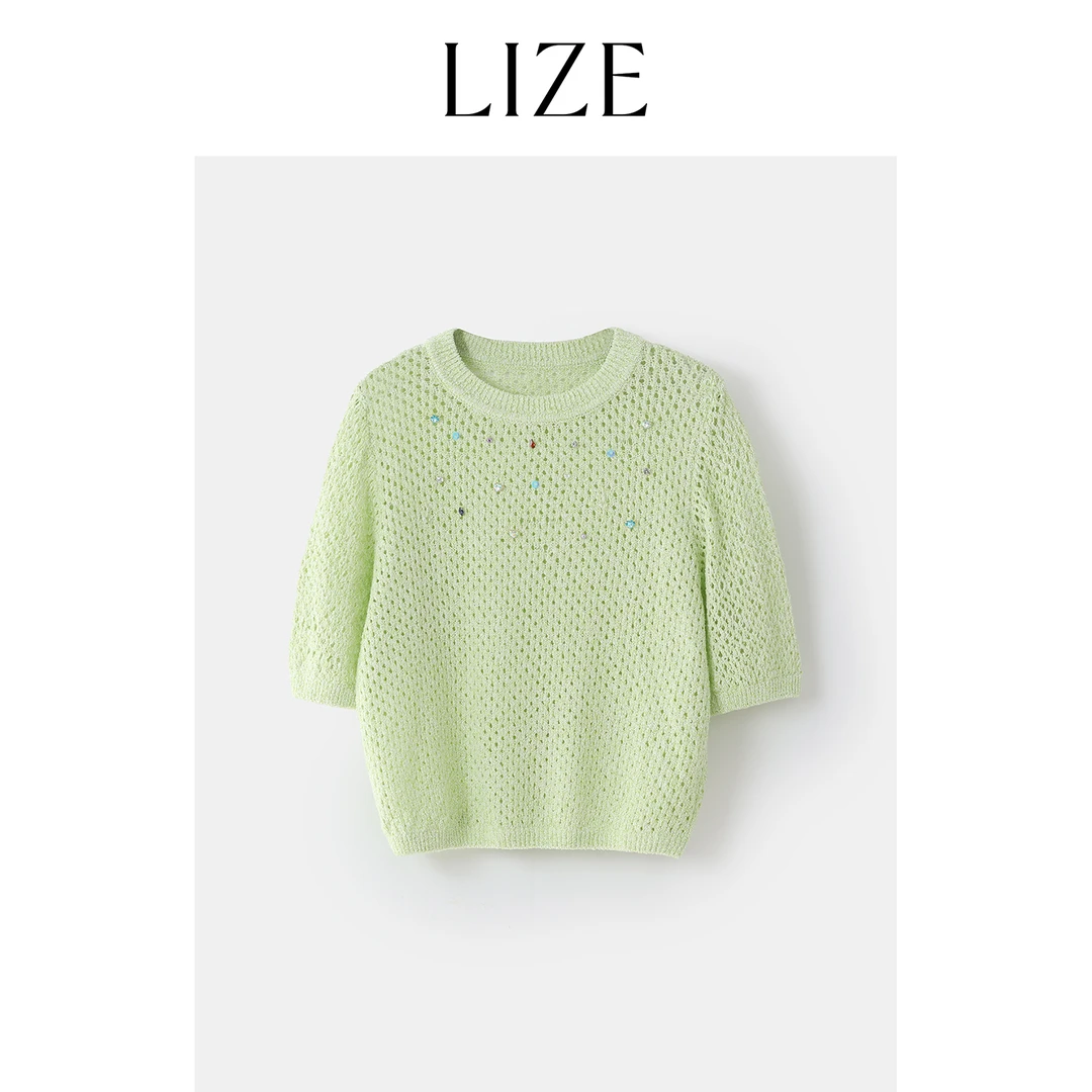 LIZE「蜜瓜青提」手工钉珠镶钻.镂花针织衫ZEA0229