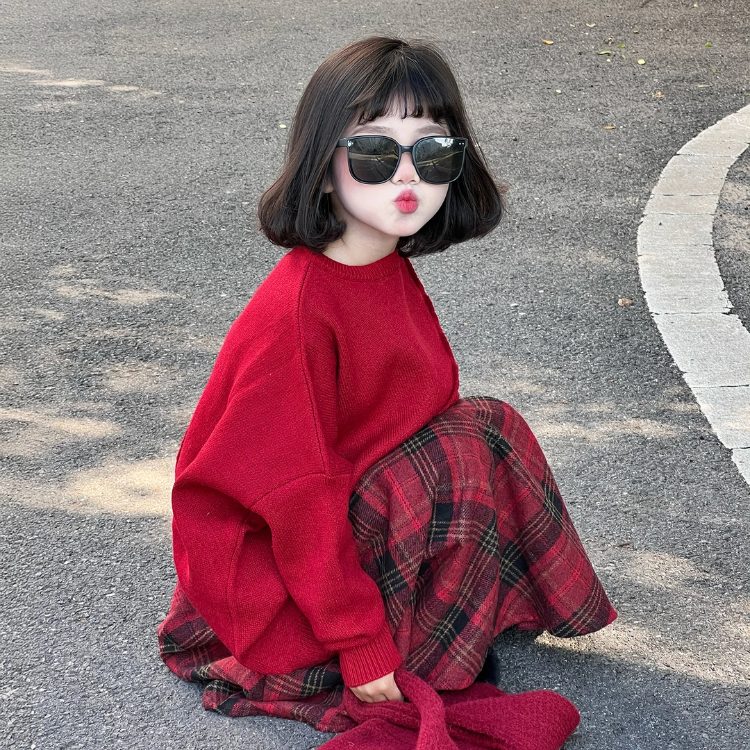 女大童红色本命年套装2026新款女孩冬装洋气针织毛衣儿童拜年穿搭