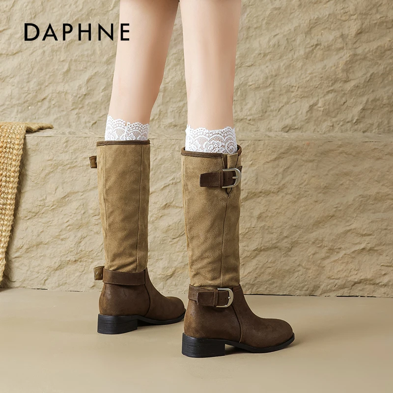 达芙妮卡其色长筒靴女2025新款秋冬复古美拉德长靴厚底高筒骑士靴