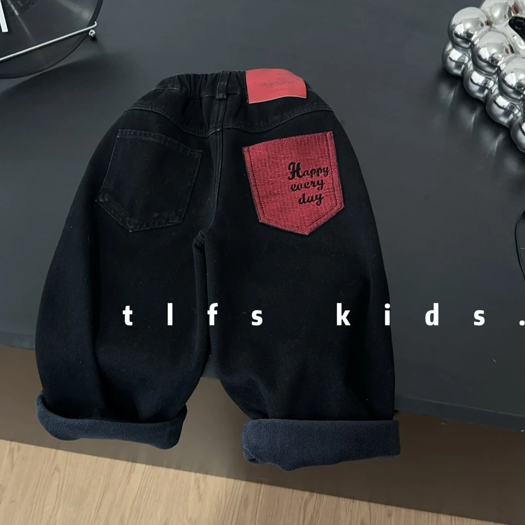 童例「25568刺绣HAPPY加绒牛仔裤」冬长裤儿童休闲百搭男女童潮流韩