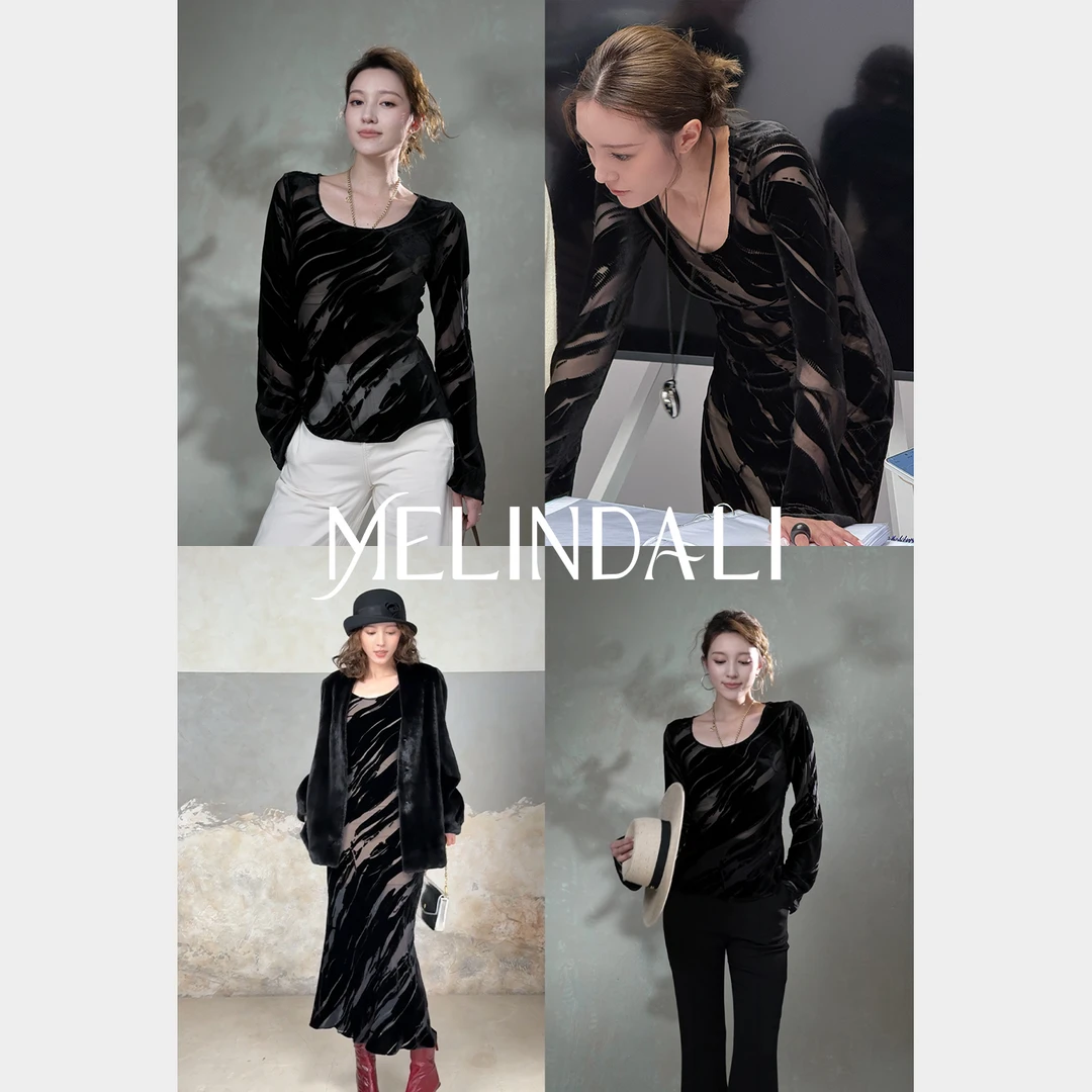 Melinda Li【人间绝色】梦颖私服桑蚕丝丝绒烂花喇叭袖斜裁收腰上衣