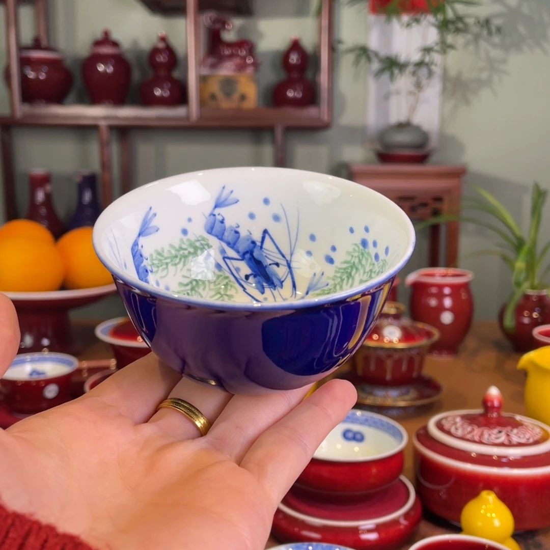 清欢雅玩原矿霁蓝虾趣鸡缸杯