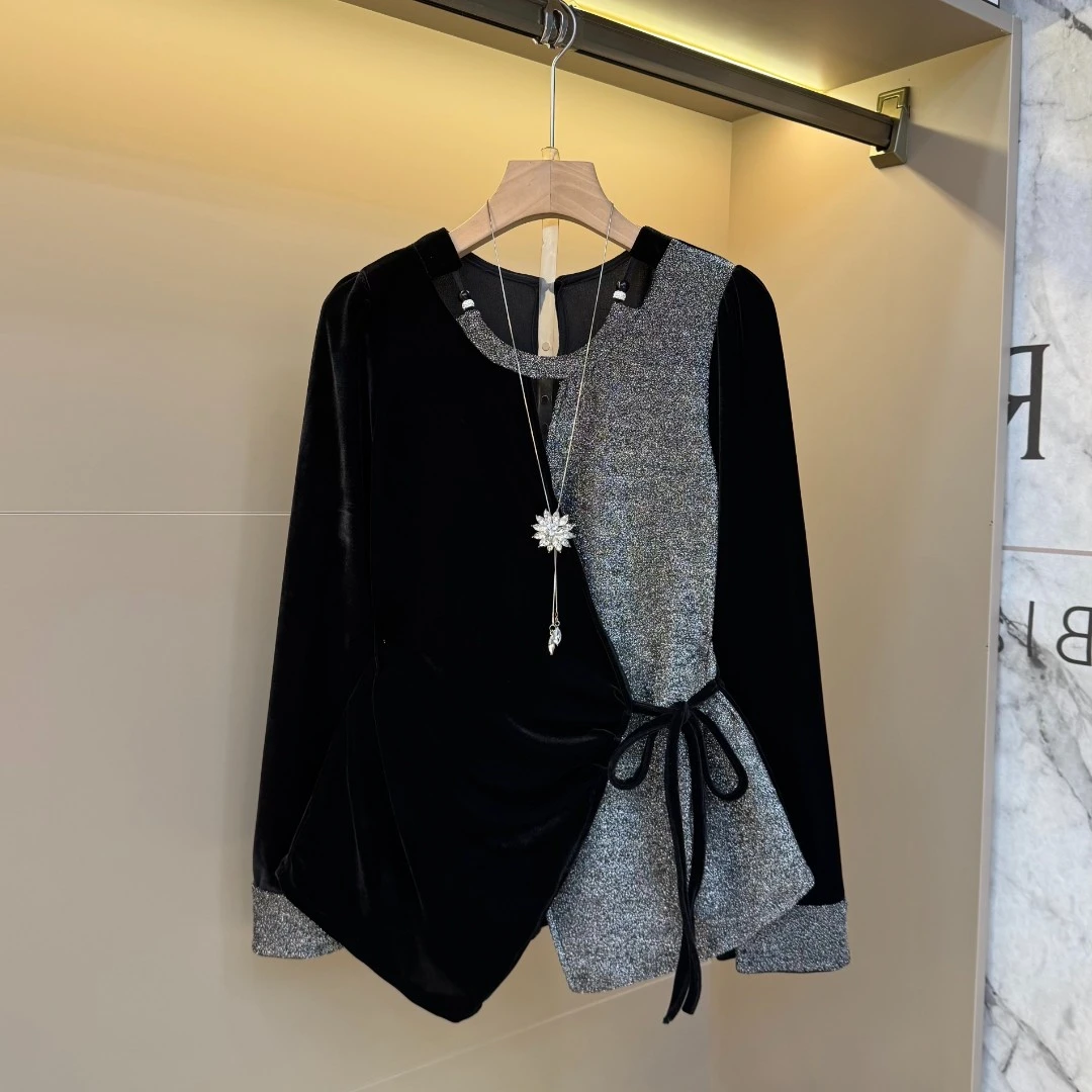 2025秋新款绑带圆领长袖打底百搭宽松显瘦设计感拼接上衣2556