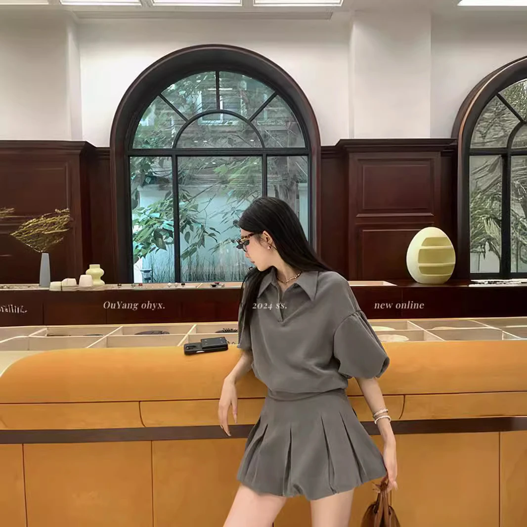 【现货】【现货】区区欧阳泡泡袖上衣花苞半身短裙套装女夏季新款