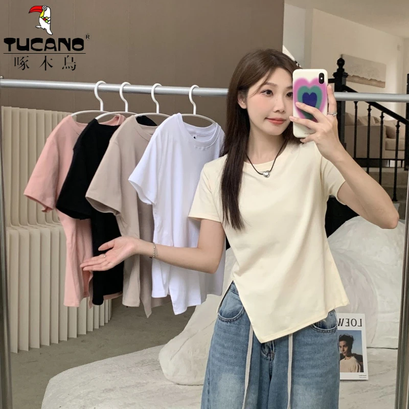 正品啄木鸟2025年新款撤柜正肩夏季新款大码200斤下摆开叉短袖T恤