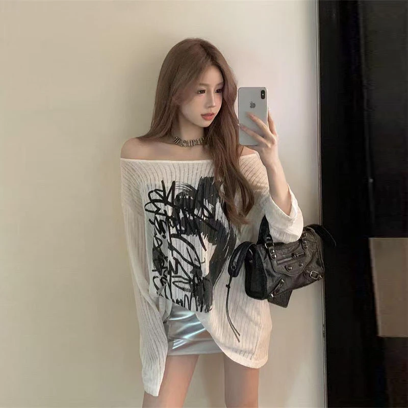 美式jazz辣妹长袖T恤女夏季设计感字母涂鸦印花宽松防晒打底上衣