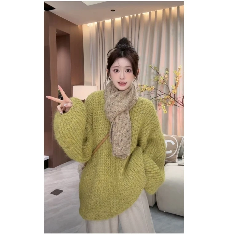 欣儿优选●毛衣预Q4MY3743A网红百搭加厚慵懒风秋冬纯色套头绿色