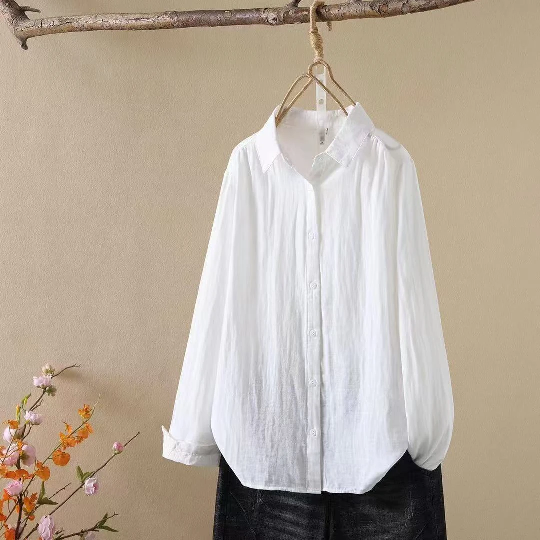 新款纯色尖领双层纱宽松显瘦百搭长袖女士上衣百搭休闲开衫衬衫
