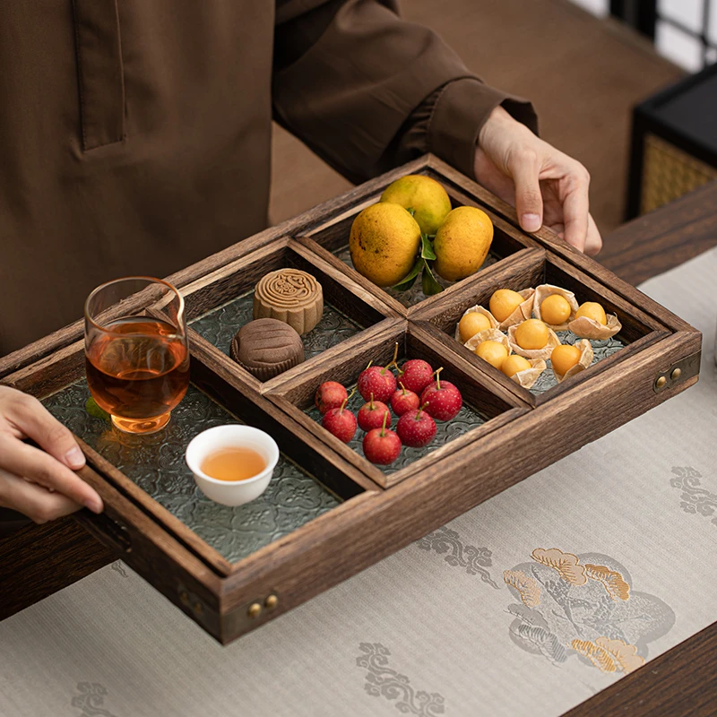 围炉煮茶茶点盘家用中式桐木玻璃托盘零食干果小吃托盘下午点心盘