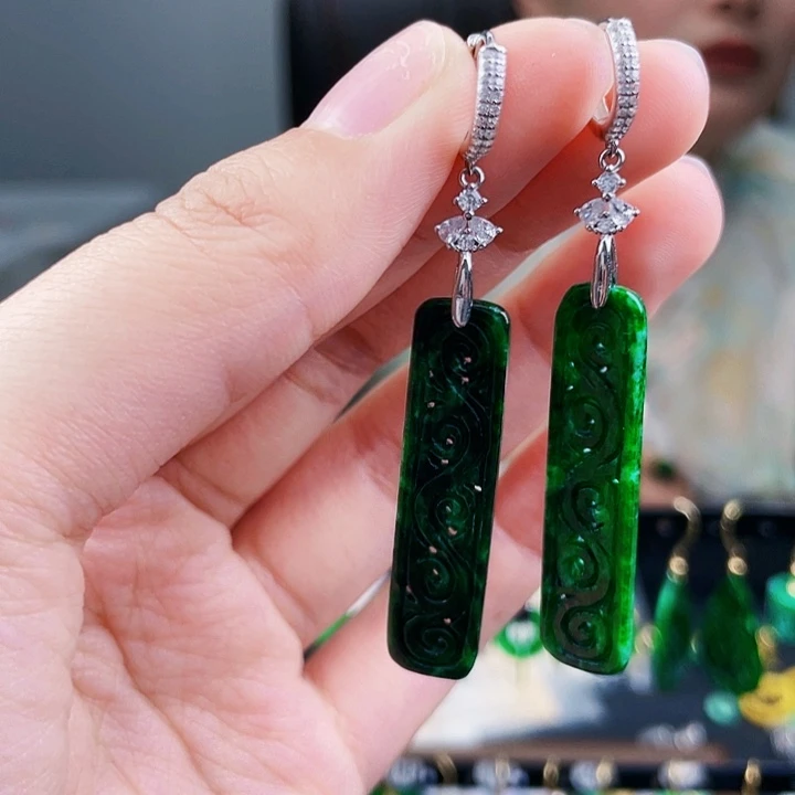 翡翠耳饰银S925镶嵌饰品