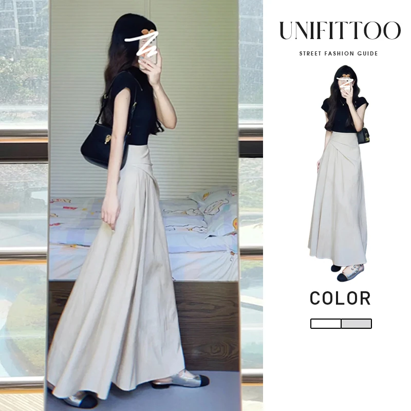 2025夏季新款法式时尚气质短款T恤高腰气质不规则百褶长裙两件套