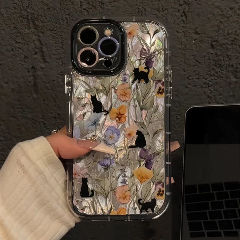 适用苹果16羽纱奶油手机壳iPhone15花朵藤蔓黑猫华为mate70小米15