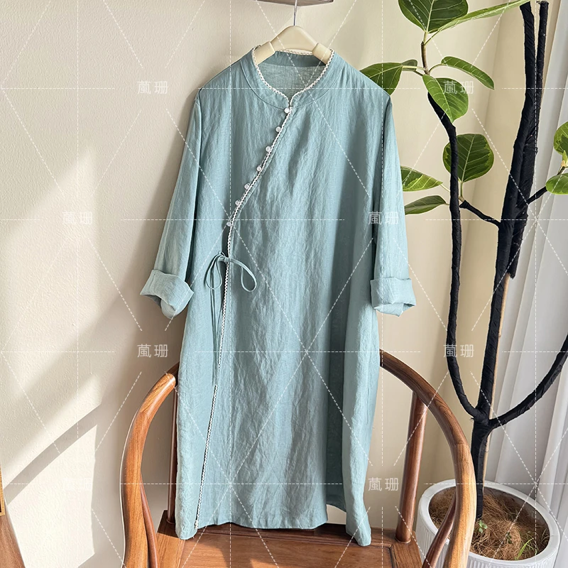 【禅意茶服】亚麻纯色斜襟花苞系带中长款袍子52215