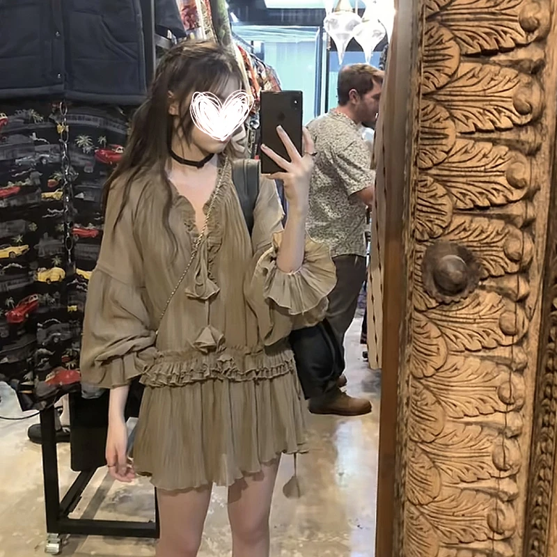 FRVXO枯木-ins设计师慵懒度假轻奢显白温柔卡其棕雪纺长袖连衣裙