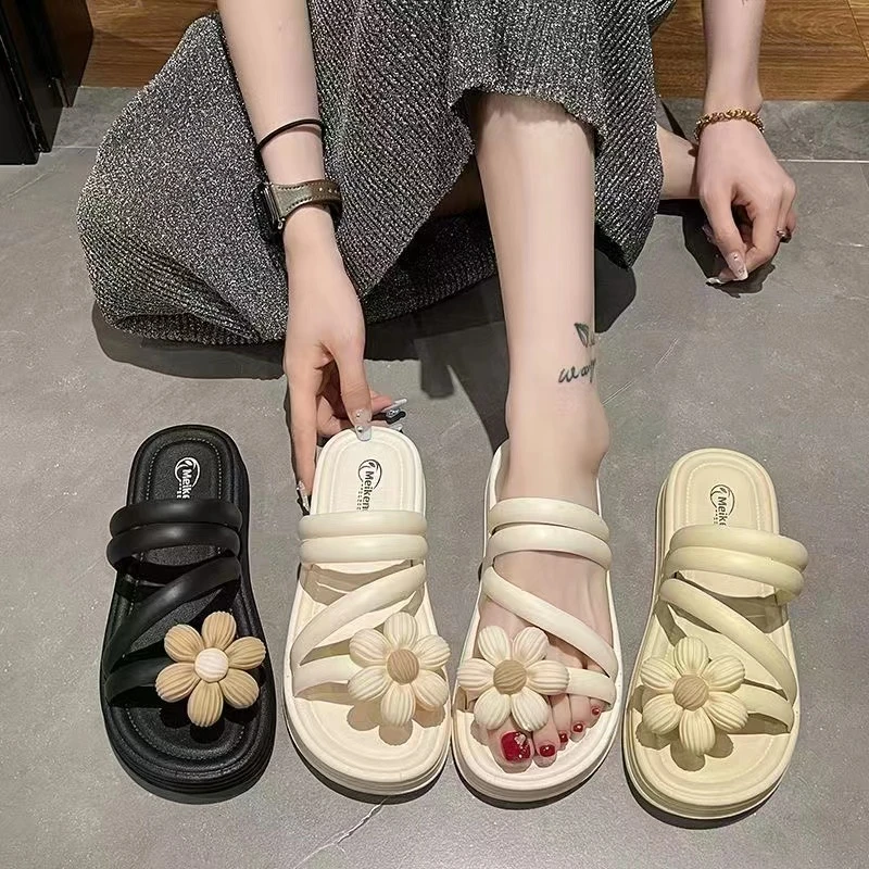 2025新款花朵凉鞋女厚底防滑新款夏季仙女风外出两穿拖鞋罗马休闲