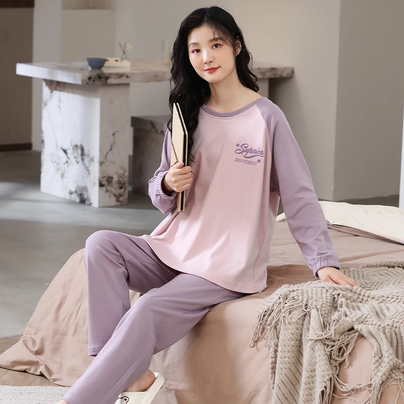 芯语婷春秋季紫色插肩字母甜美睡衣纯棉女卡通长袖长裤家居服套装