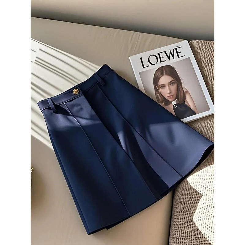 春夏季别致高腰垂感藏蓝色半身裙女士设计感小众气质休闲a字裙子