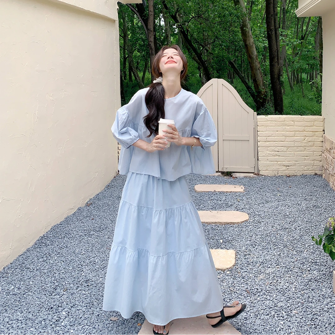 2025年夏季新款时尚套装女蓝色高级感小个子无袖上衣半身裙两件套