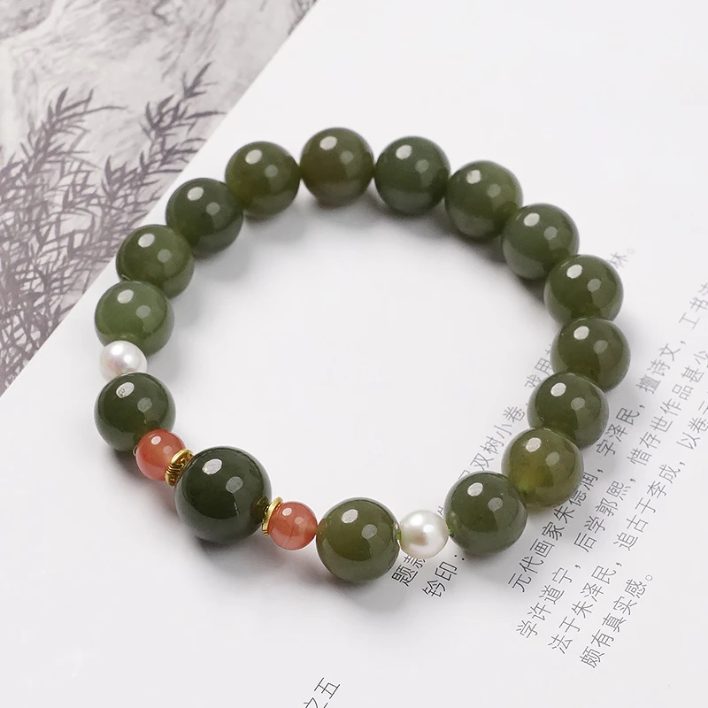 原创设计单圈和田玉南红玛瑙淡水珍珠女手串珠手链-8995