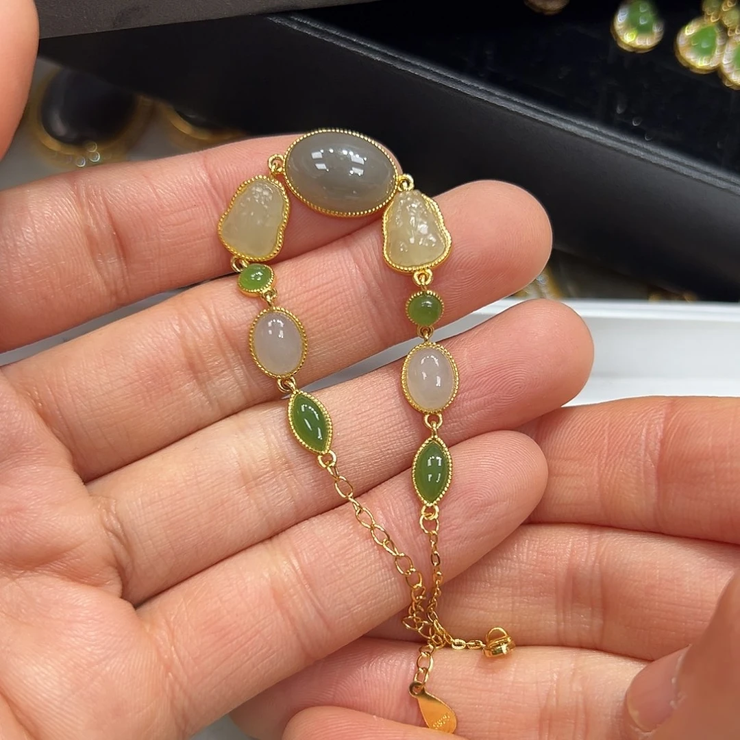 和田玉手链银S925镶嵌纳**福