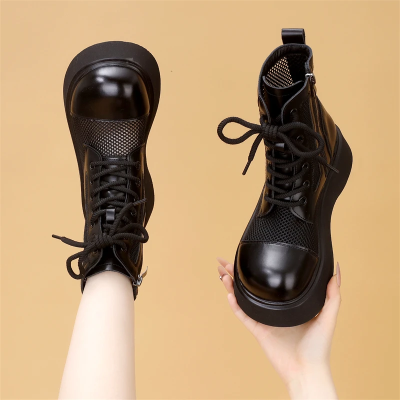 超火马丁靴女款2025年新款夏季真皮网纱透气靴子镂空时装靴显脚小