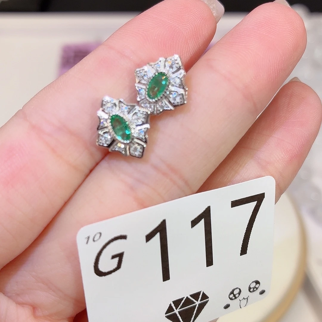 银S925镶嵌耳饰祖母绿h117