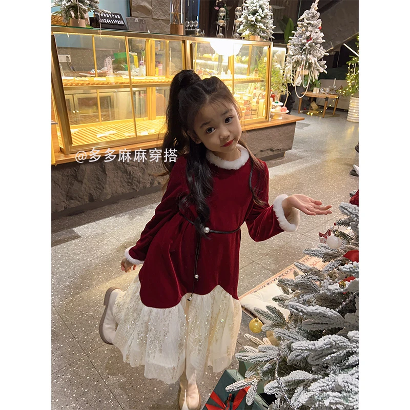 女童连衣裙加绒丝绒赫本风气质亮片网纱拼接红色长裙23871#