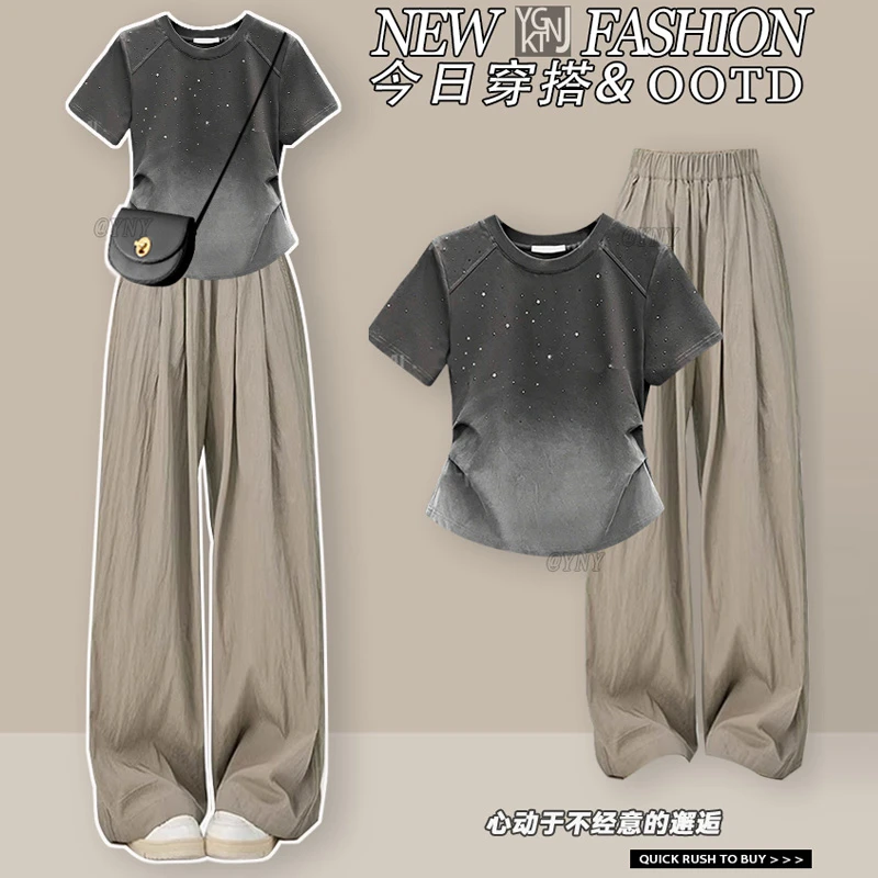 夏季设计感满天星渐变圆领短袖上衣女2025新款拖地显高小众长裤装