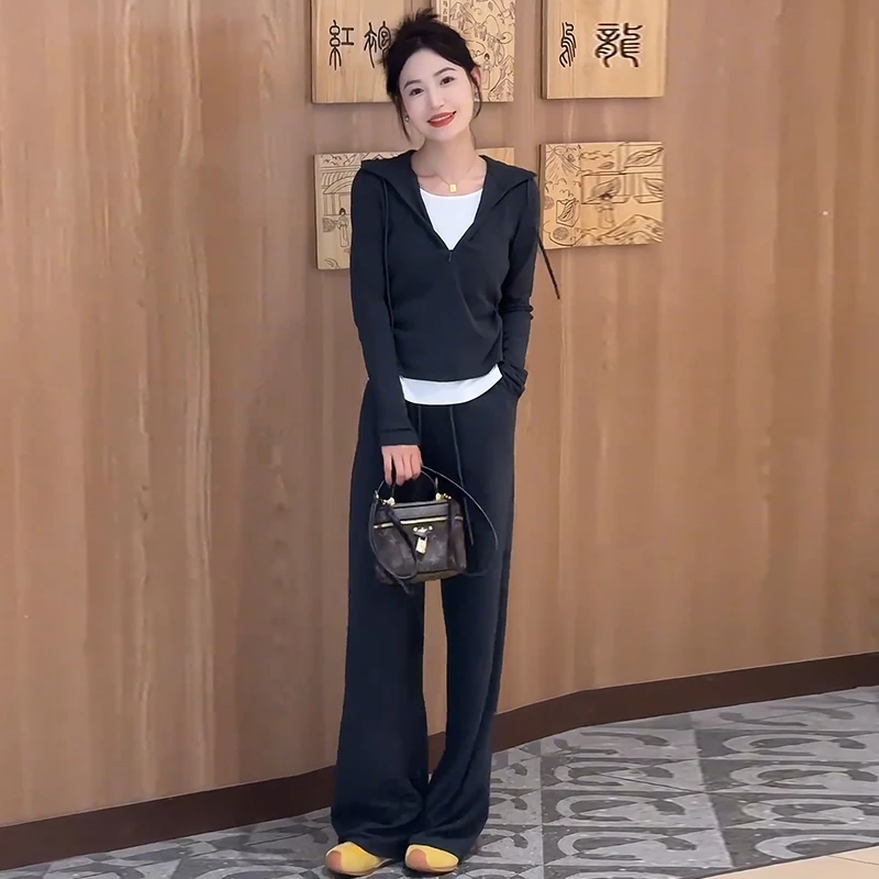 时尚休闲套装女2025秋季新款洋气假两件连帽卫衣阔腿裤运动两件套