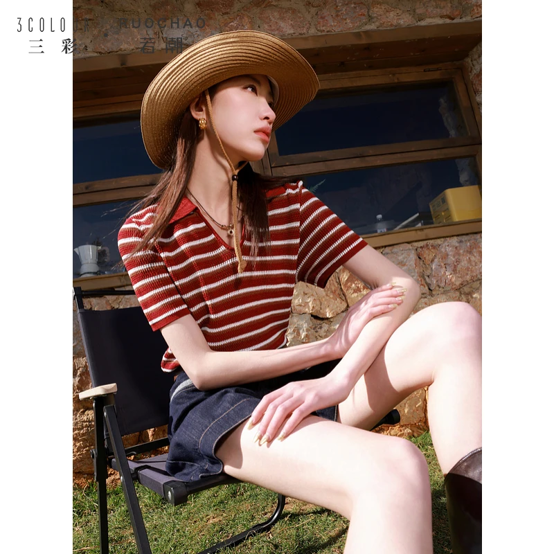 【商城专享】三彩大码女装夏季红条纹Polo领针织衫短袖复古