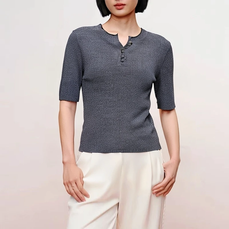 DP180【晴姐】V型竖坑条针织衫V领春夏毛针织衫夏季中袖简约女装