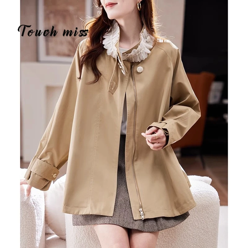TOUCH MISS中长款钉珠风衣外套2025春季蝙蝠袖宽松慵懒休闲大码