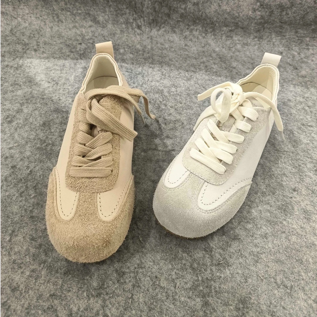 2025年品牌女鞋春季新款真皮圆头系带平底休闲运动德训鞋单鞋百搭