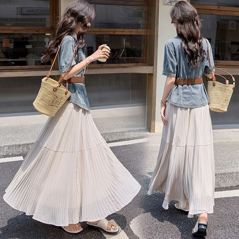 周章章洛米娜重工压褶雪纺半身裙女高腰显瘦温柔百搭垂感长裙子